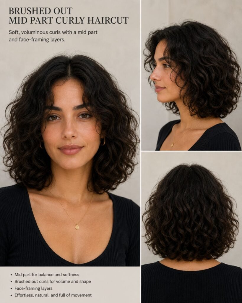 Brushed Out Mid Part Curly Haircut