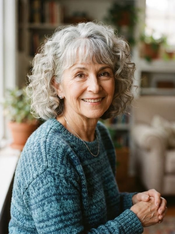 Ear-Length Curly Hairstyle with Bangs