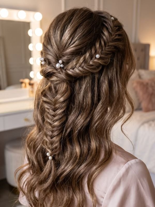 Fishtail Plait Half Up Half Down Wedding Hair