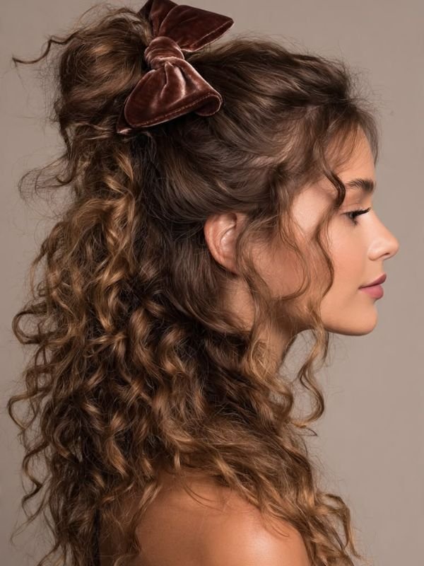 Half Up Half Down Curly Hair with Bow