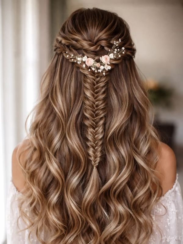 Half Up Half Down Fishtail Plait Wedding Hair