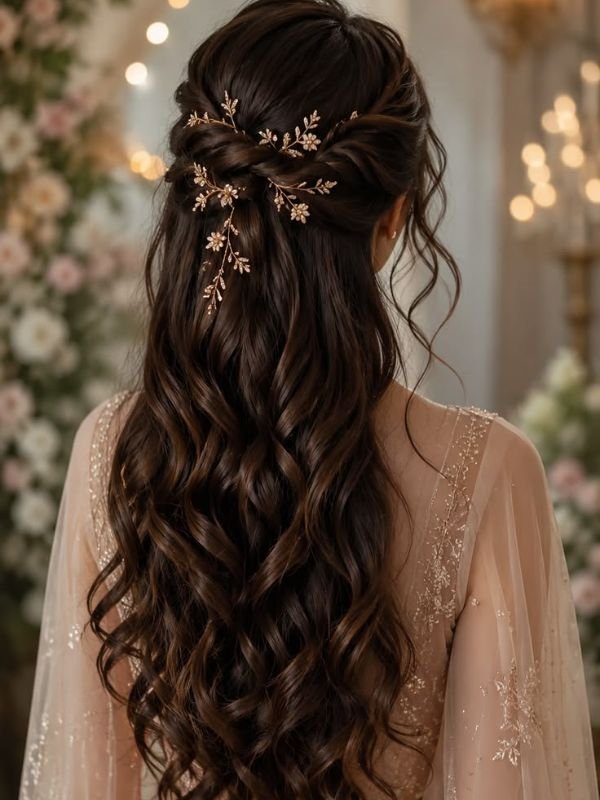 Long Brunette Half Up Half Down Bridal Hair With Flowers
