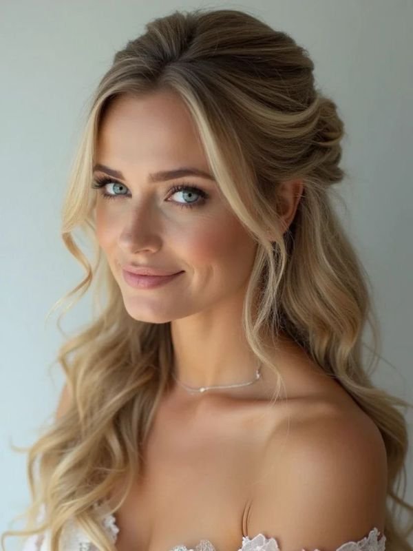Money Piece Highlighted Half Up Half Down Wedding Hair