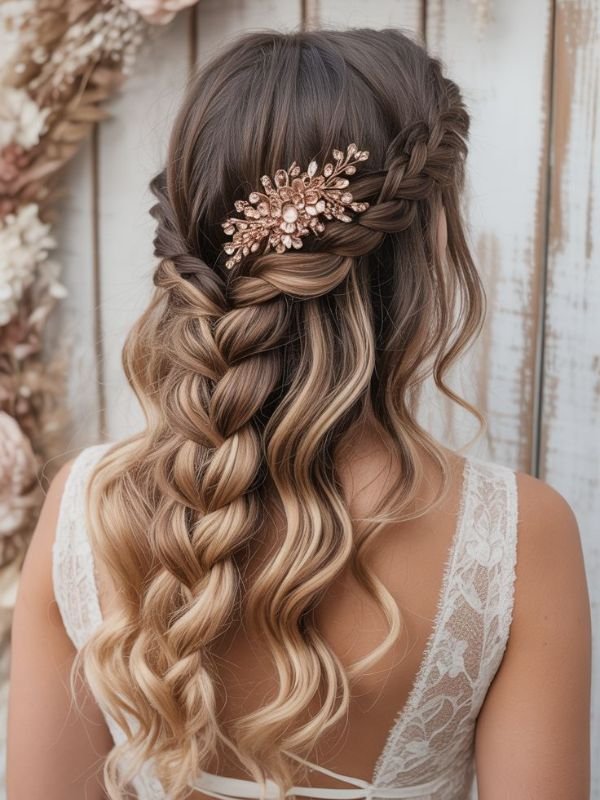 Oversized Plaited Half Up Wedding Hairstyle
