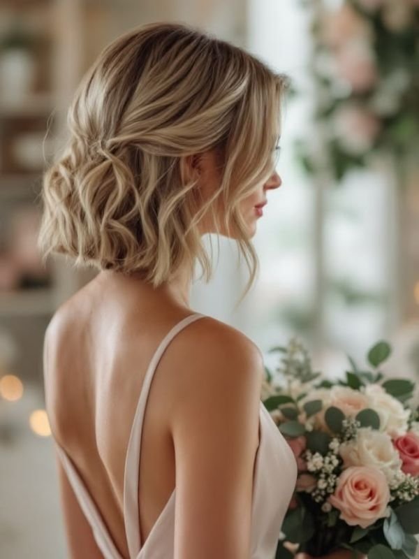 _Short Twisted Half Up Half Down Bridal Hair With Flowers