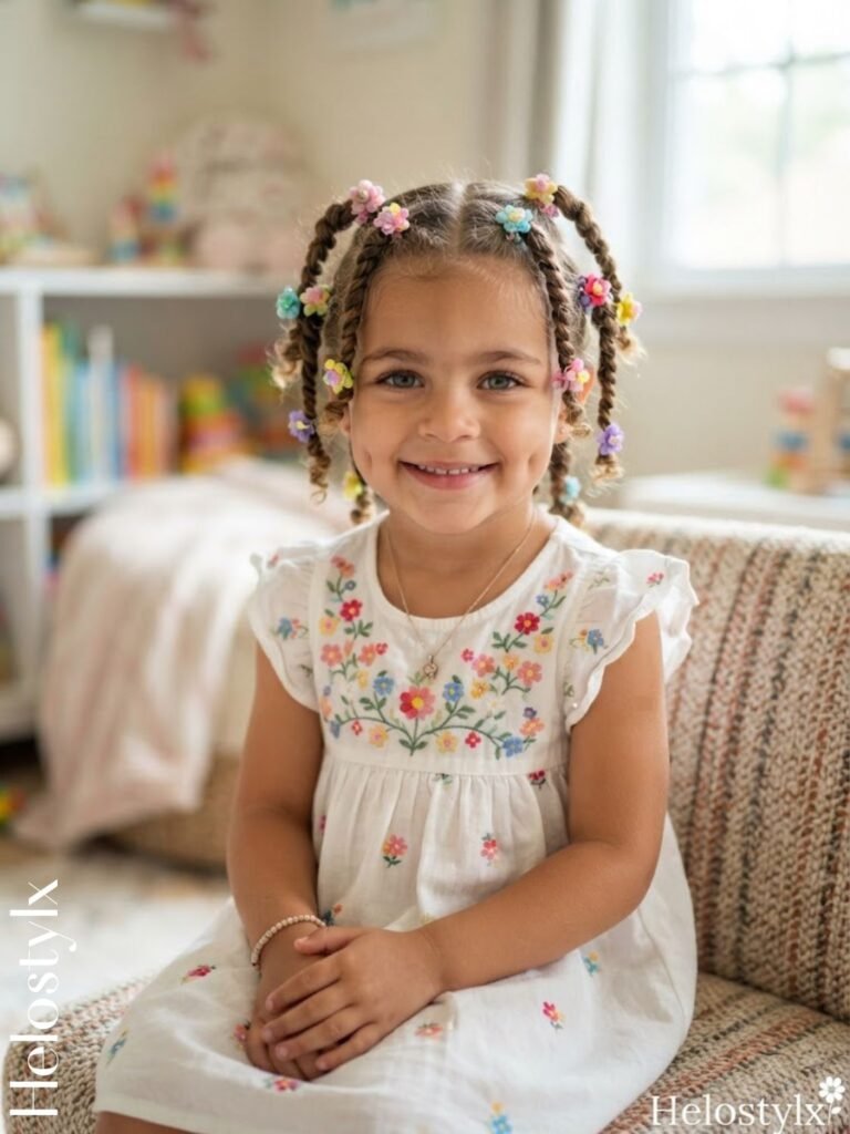 Tiny Pigtail Twists with Flower Clips