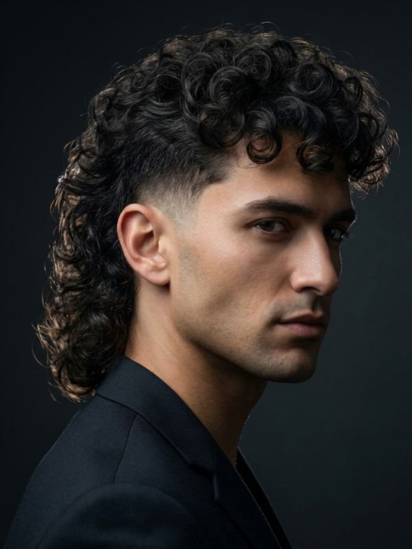 Curly Hair Burst Fade Mullet