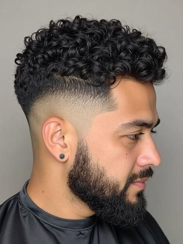 Curly Mid Taper Fade with Design