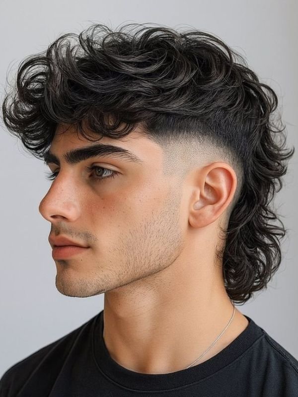 Curly Mullet with Mid Taper Fade