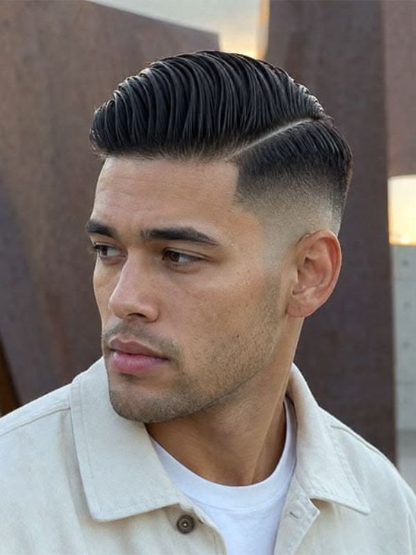 Side Part Slick Back Burst Fade