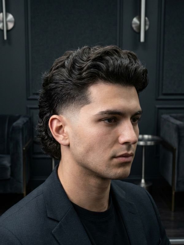 Wavy Hair Burst Fade Mullet