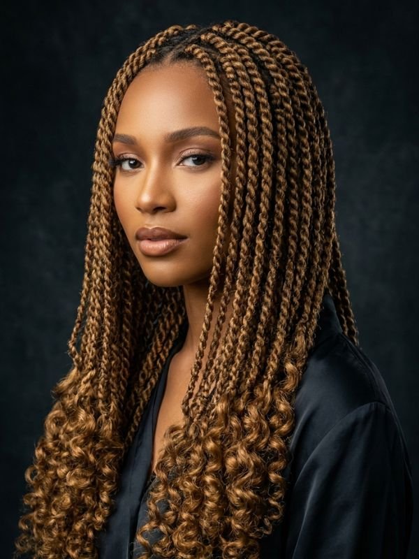 Golden Brown Twist Braids with Curly Ends